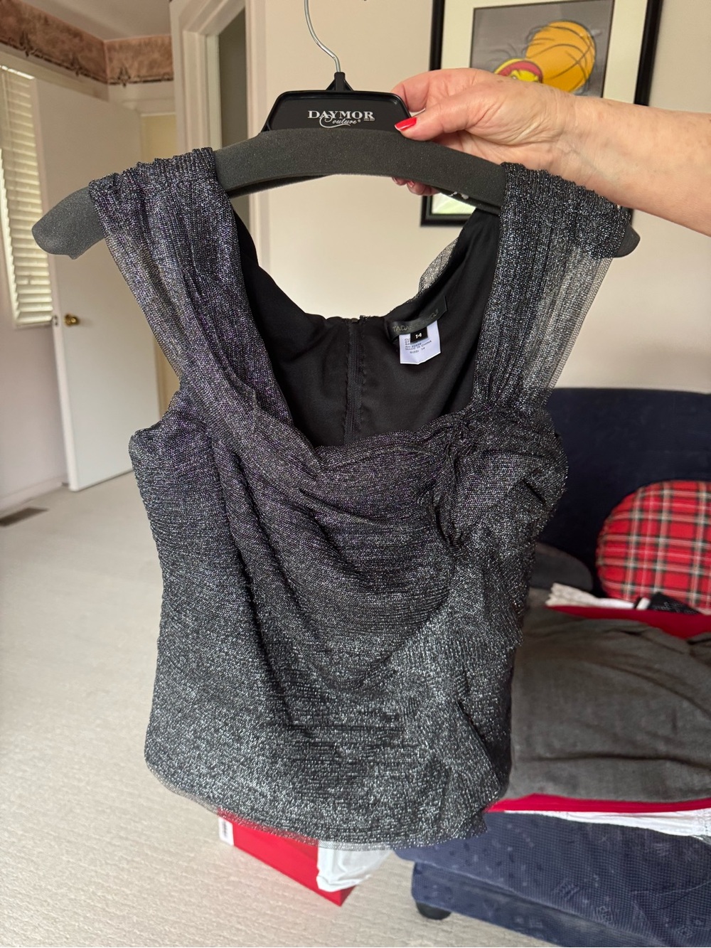 Tadashi Shoji Metallic Silver Black Shimmer Ruched Cowl Neck Top Size 14